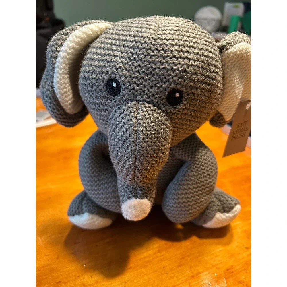 Grey Knit Elephant Plush and 3-Pack Safari Tropic Burp Cloths Baby Gift Set NEW